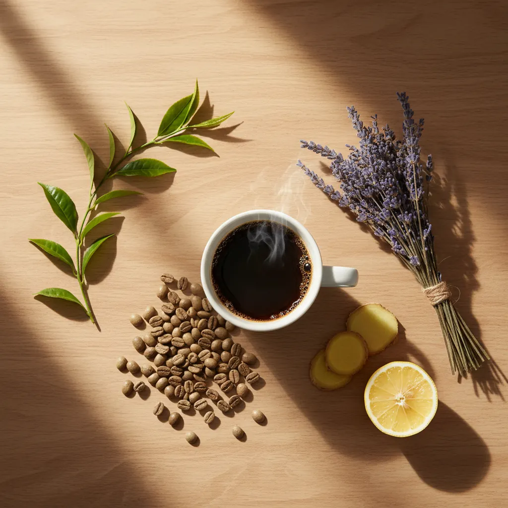 Morning wellness flat-lay with coffee beans and botanicals