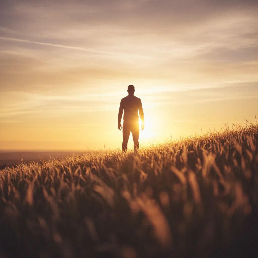 Anonymous person silhouette on sunrise hilltop - everyday energy and wellness